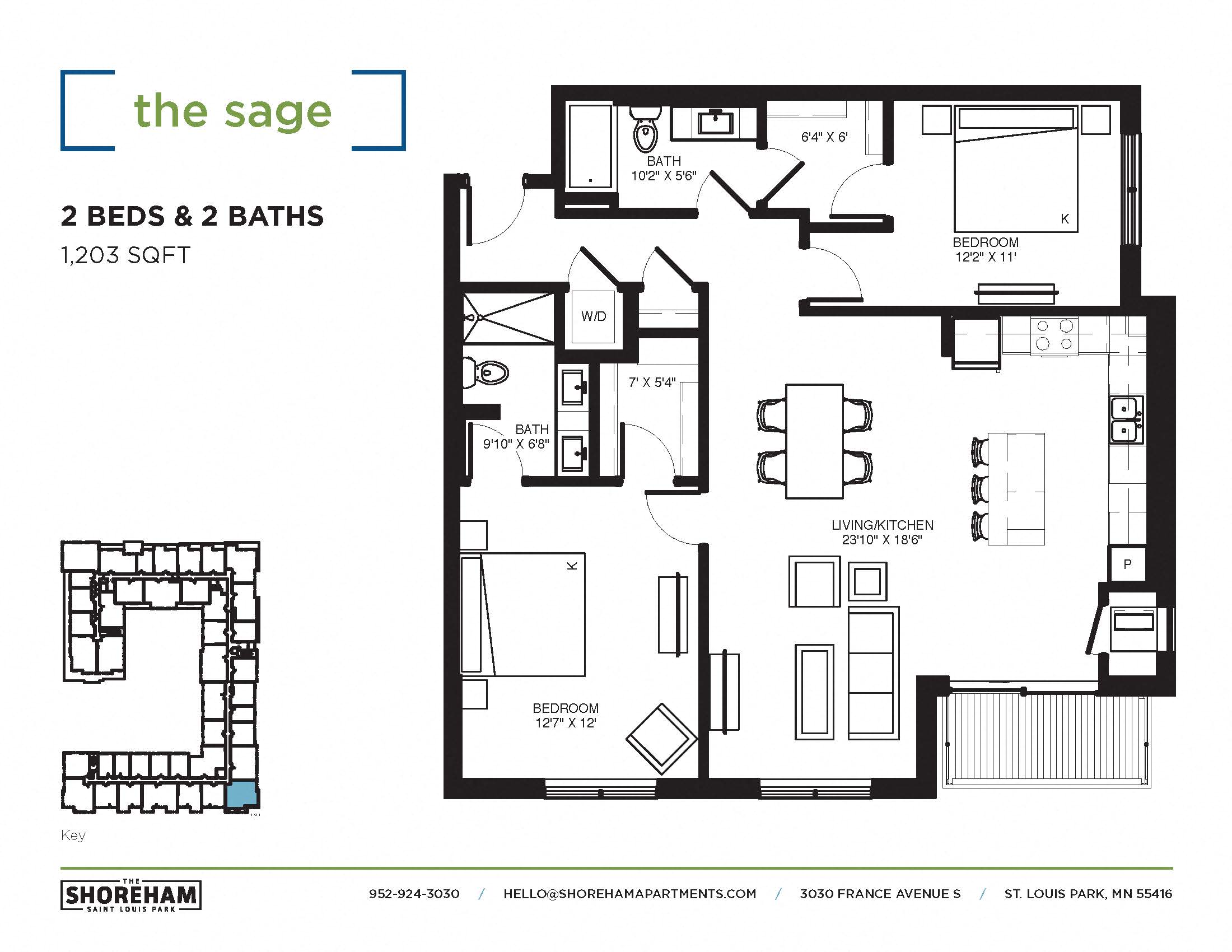 Floor plan for 2 beds, 2 baths, 1203 sqft